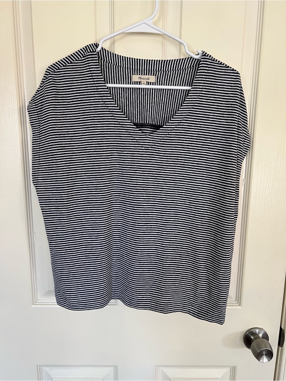 Madewell Navy White Striped V-Neck Top Size Large Relaxed Fit